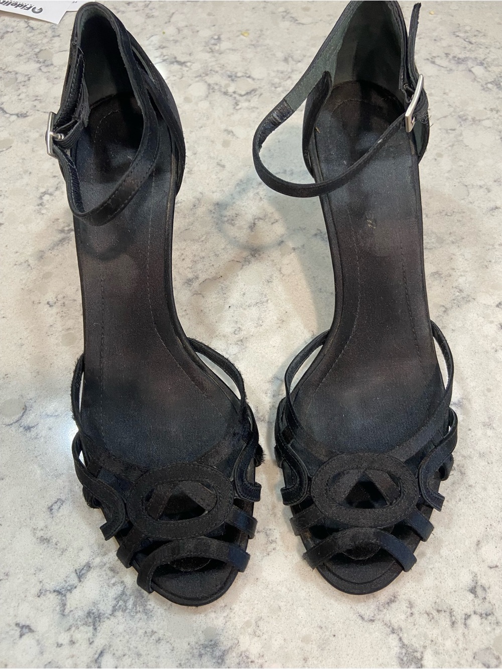 Delman Black Satin Sandals with Ankle Strap